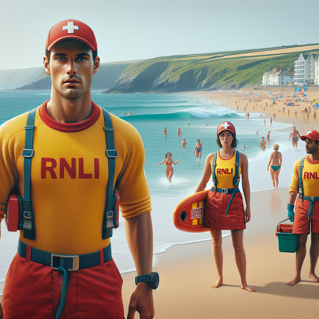 “Stay Safe on the Beach: RNLI Lifeguards on Duty in Cornwall, Devon, and Jersey”