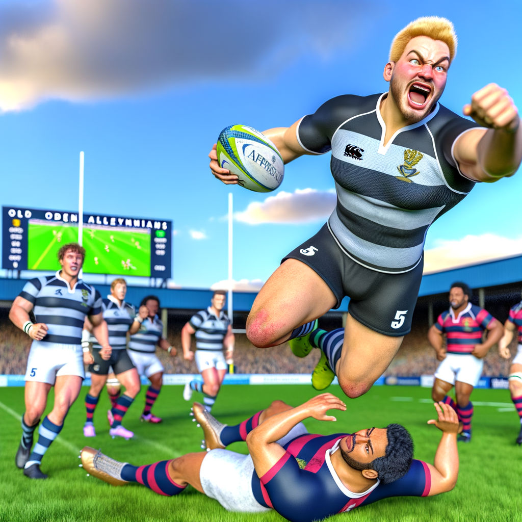 “Macfarlane Shines with Five Tries as Jersey RFC Dominates Old Alleynians!”