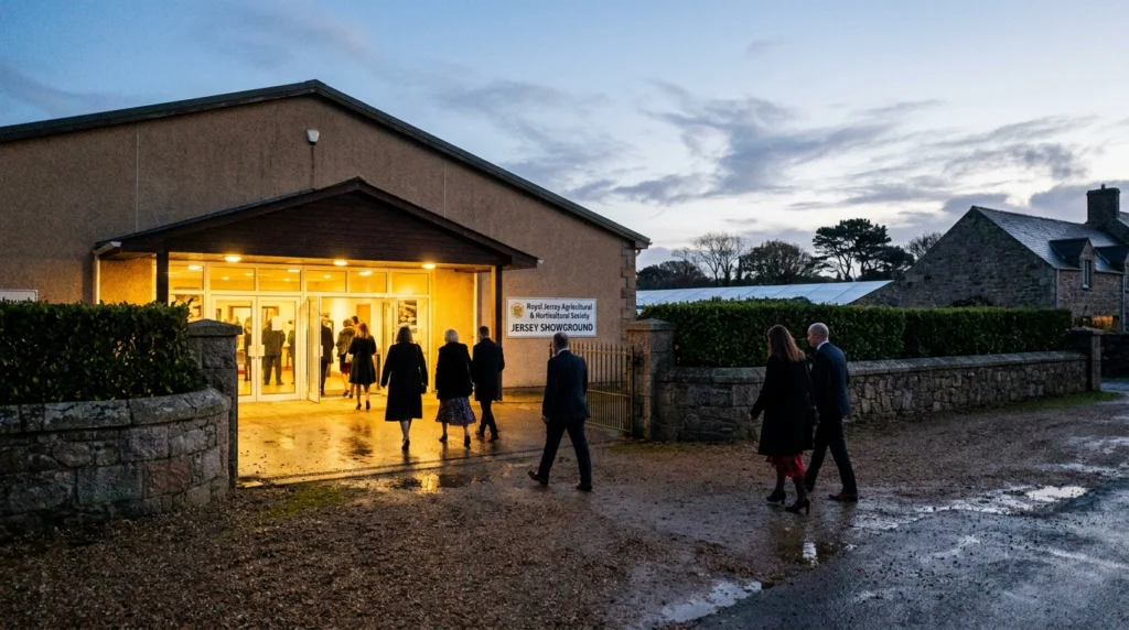 A wide exterior shot of the Jersey Showground on a clear autumn evening, with warm light spilling from the entrance and a han