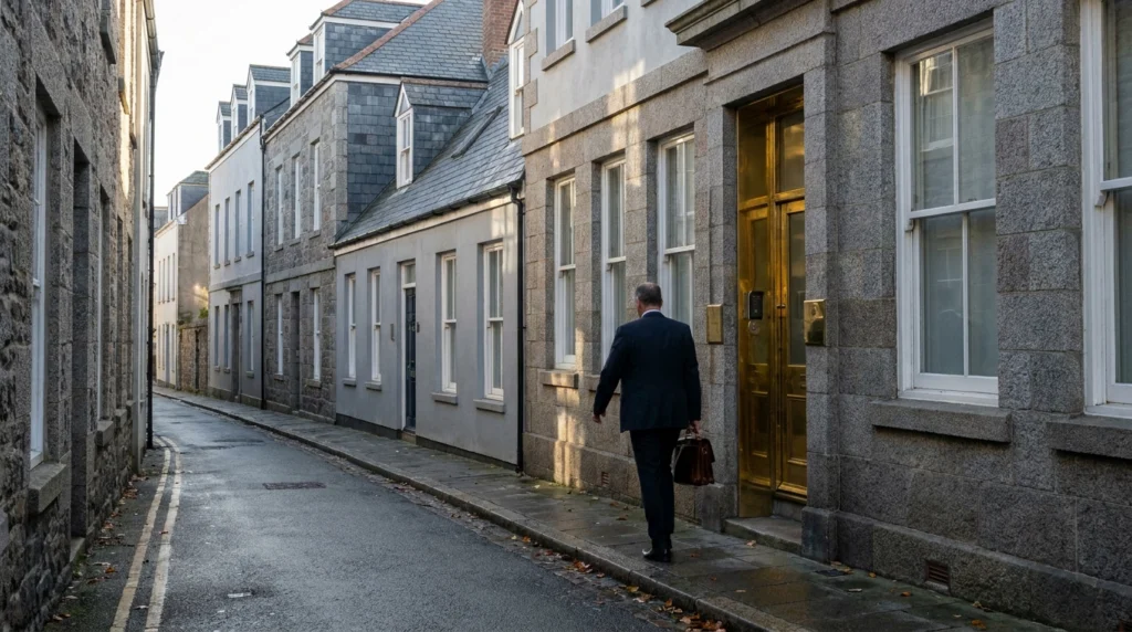 A quiet, well-maintained street in St Helier's financial district on a clear autumn morning, showing a row of traditional gra
