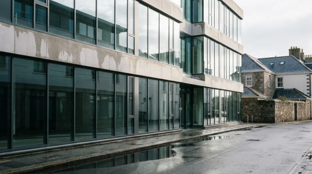 The exterior of a modern, glass-fronted commercial office building in St Helier, Jersey, Channel Islands, photographed on a b