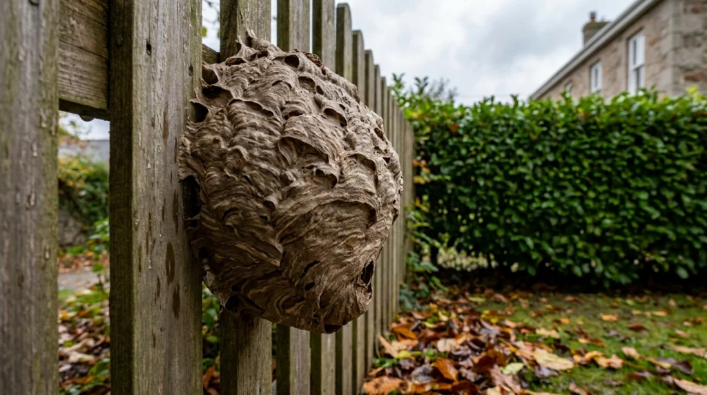 A close-up of a large paper-like Asian hornet nest attached to the underside of a wooden garden fence panel in a typical Jers