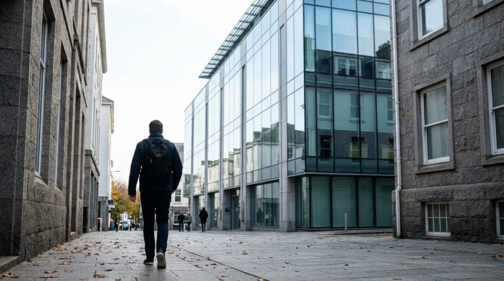 A clean, modern glass-fronted office building in St Helier, Jersey, Channel Islands, photographed on a bright autumn morning.