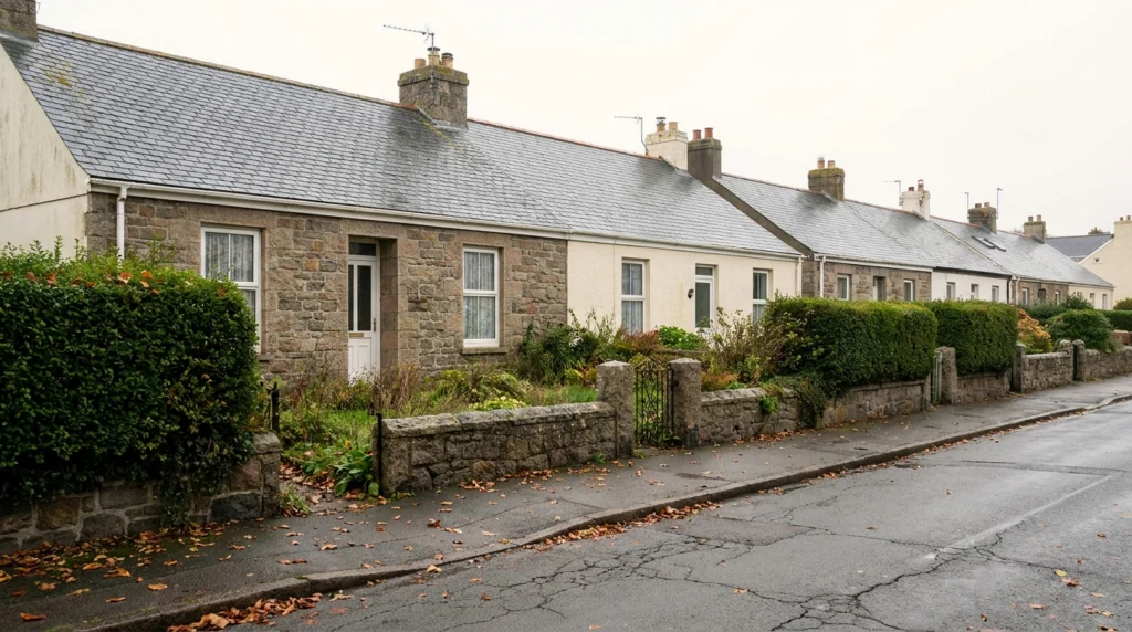 A row of modest residential properties on a quiet Jersey street, photographed from the pavement in soft autumn light.