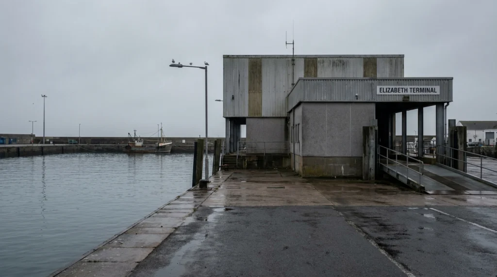 The exterior of Elizabeth Terminal at the Port of Jersey on a grey autumn morning, showing the ferry berth and terminal build