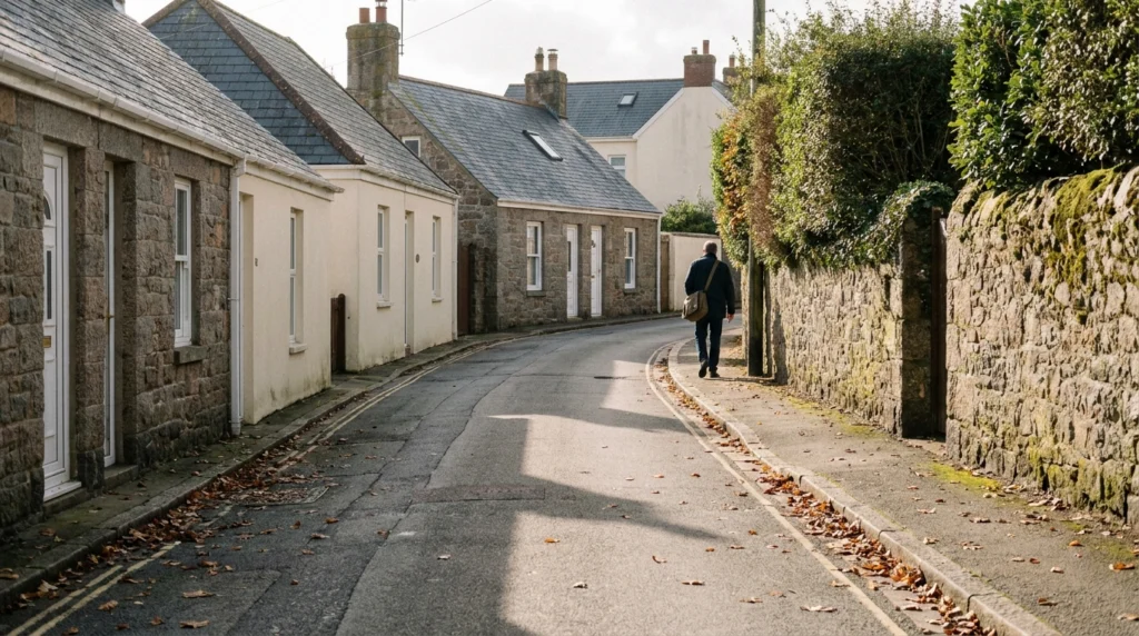 A quiet residential street in Jersey, Channel Islands, showing a row of modest stone-built homes on a sunny autumn day, seen
