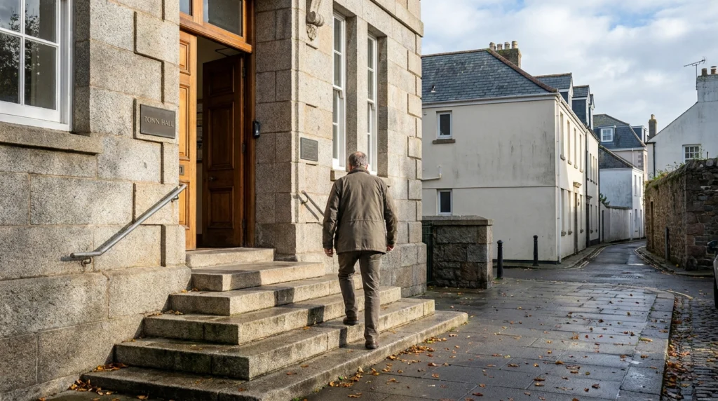 The entrance to St Helier's Town Hall on a bright autumn morning, its stone facade and steps visible, with a single ordinary