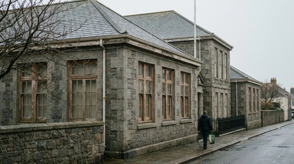 A wide-angle view of a weathered Jersey government building exterior, showing aged stonework and slightly worn window frames