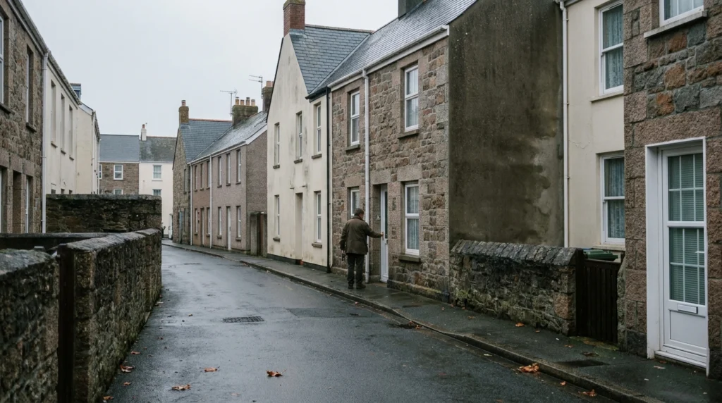 A quiet street of modest terraced houses in St Helier, Jersey, Channel Islands, on an overcast autumn morning.