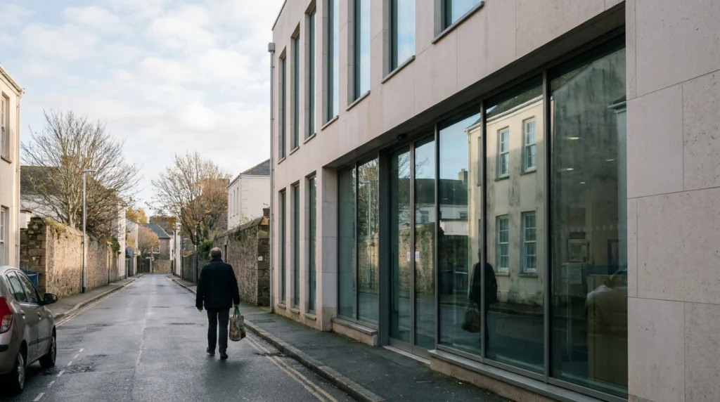 A wide-angle exterior shot of a modern bank building on a quiet street in St Helier, Jersey, Channel Islands, on a clear autu