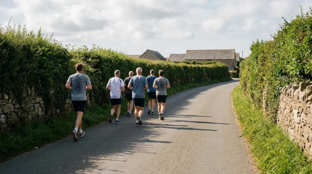 A quiet stretch of Jersey road on a sunny morning, lined with green hedgerows, with a handful of ordinary local residents see