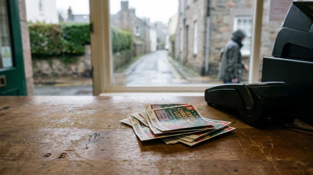 A close-up of a small pile of colourful lottery tickets resting on a wooden counter inside a quiet Jersey shop, with a card p