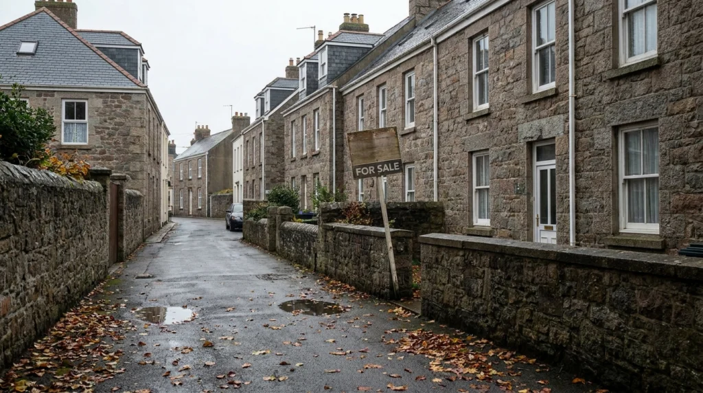 A row of traditional Jersey granite terraced houses on a quiet residential street, seen on a calm autumn morning, with a "For