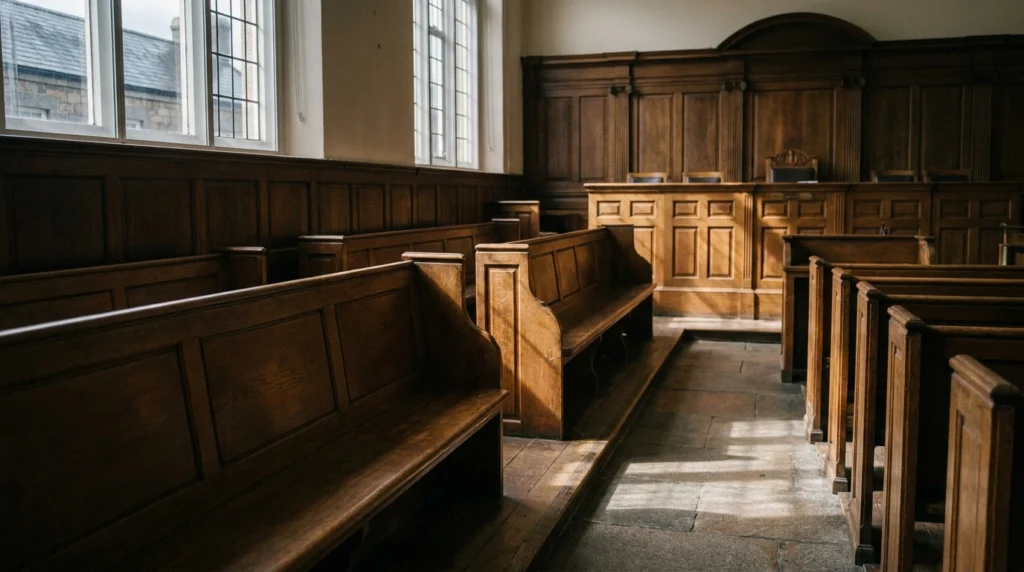 The interior of a formal courtroom in Jersey, Channel Islands, seen from the back of the public gallery.
