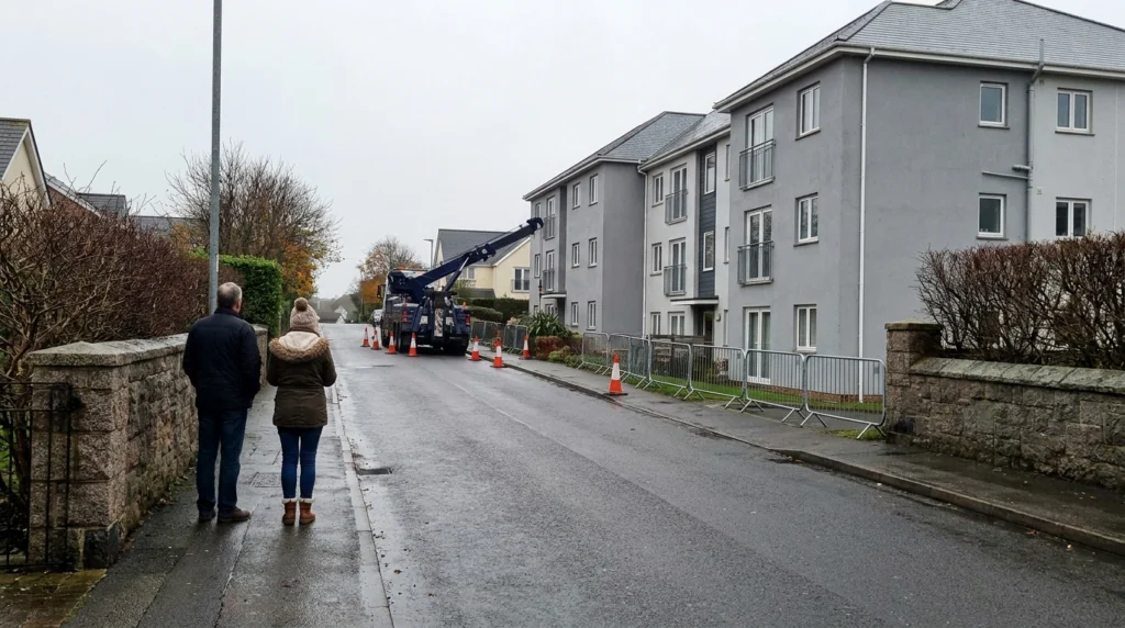 A wide shot of the sloping access road leading to a modern apartment block at West Park, St Helier, on a grey autumn morning.