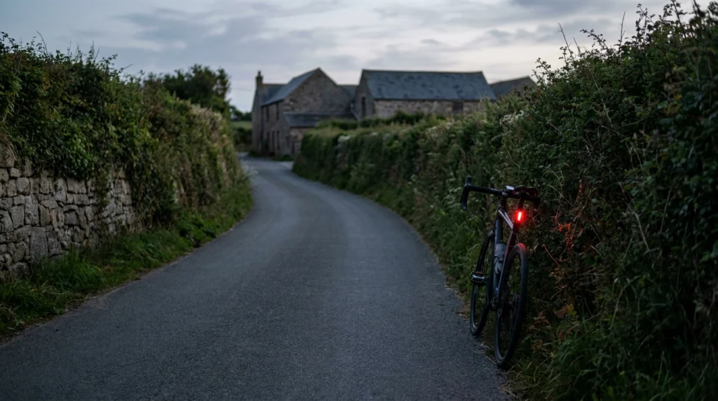 A quiet country lane in St Peter, Jersey, Channel Islands, at dusk.