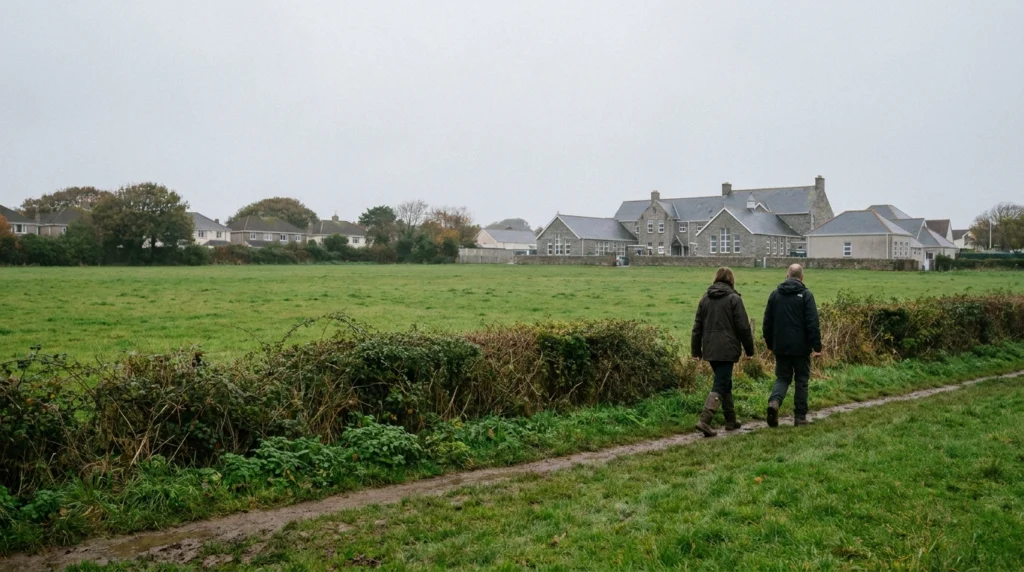 A wide, open green field in Jersey, Channel Islands, on an overcast autumn day, with a school building visible in the soft ba