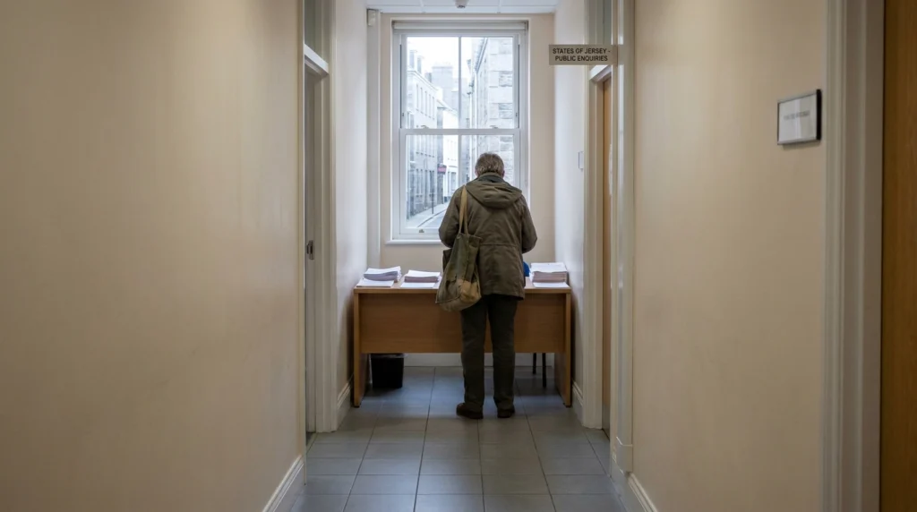 A quiet government office corridor in Jersey, Channel Islands, seen from the end of the hallway.