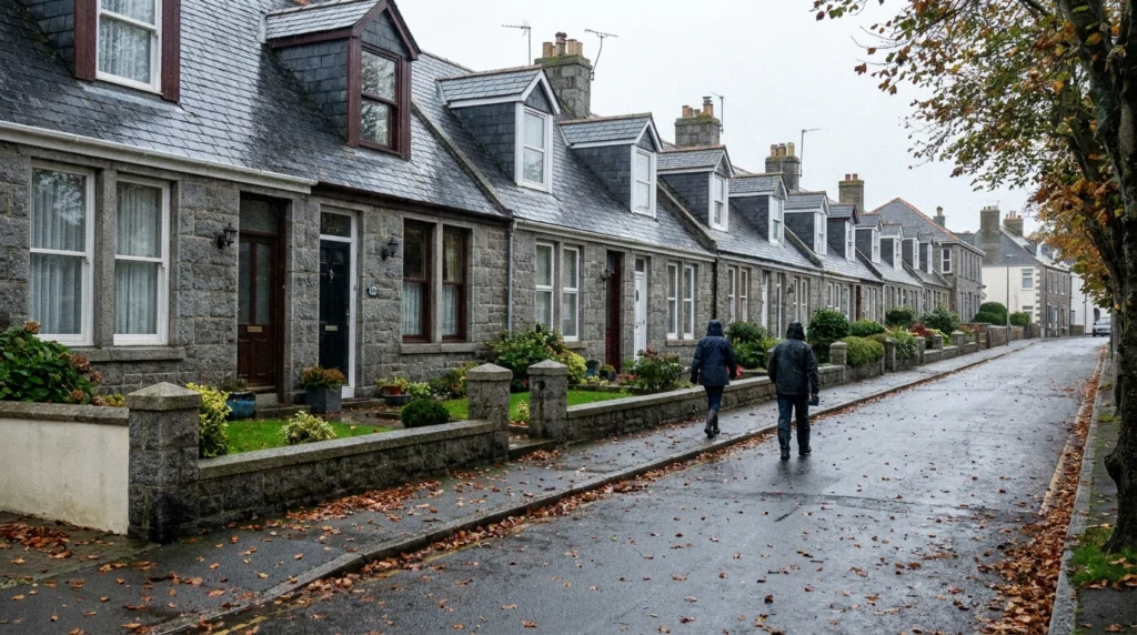 A row of traditional Jersey granite terraced houses on a quiet residential street, photographed on a clear autumn morning.