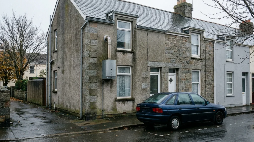 A modest terraced house in a St Helier residential street on a grey autumn day, with an older-model car parked outside and a