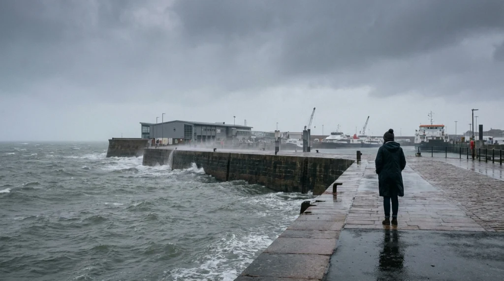 A wide shot of the Elizabeth Harbour terminal in St Helier, Jersey, on a blustery autumn day, with choppy grey water visible