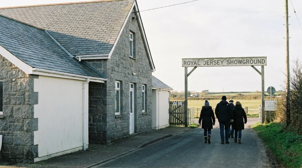 The exterior of the Royal Jersey Showground on a clear winter afternoon, with the open grounds visible and a few ordinary loc