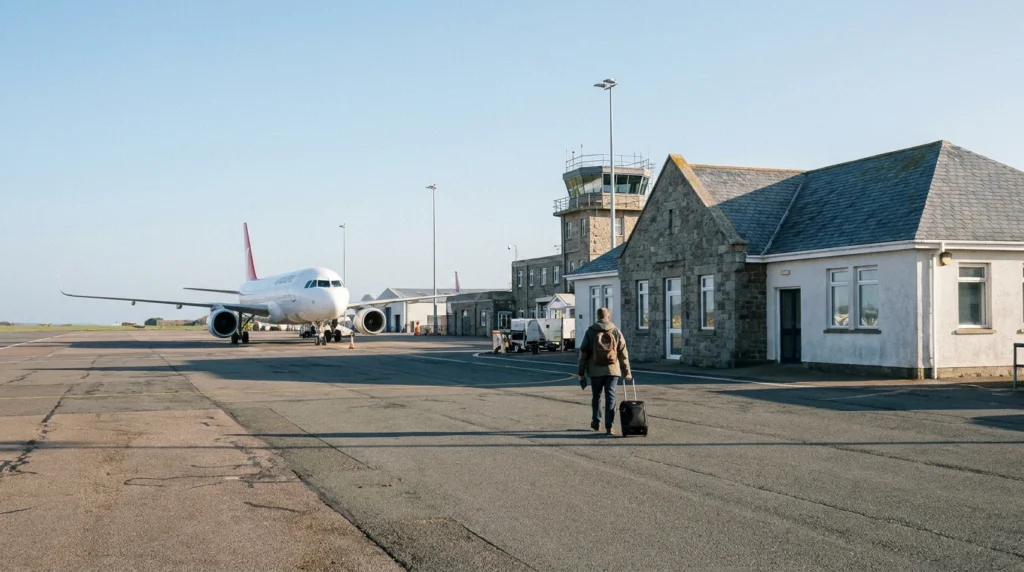 A wide-angle view of Jersey Airport's terminal building on a clear autumn morning, seen from the airside apron area, with a s