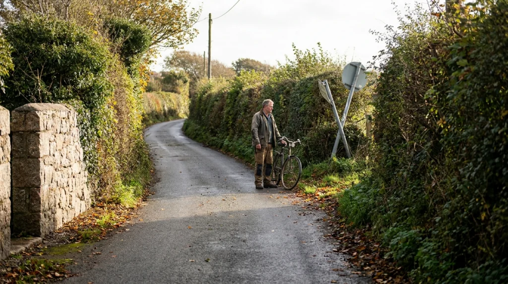 A quiet, narrow country lane in St Brelade, Jersey, lined with hedgerows and stone walls, photographed on a bright autumn aft