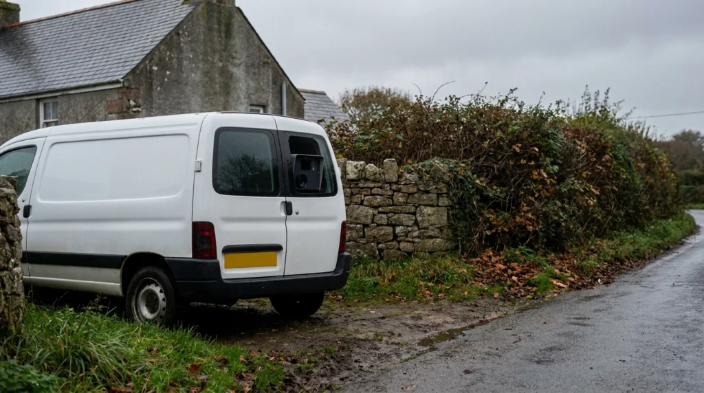 A mobile speed camera unit parked on the roadside of a quiet Jersey village street, with a dry-stone wall and hedgerow visibl