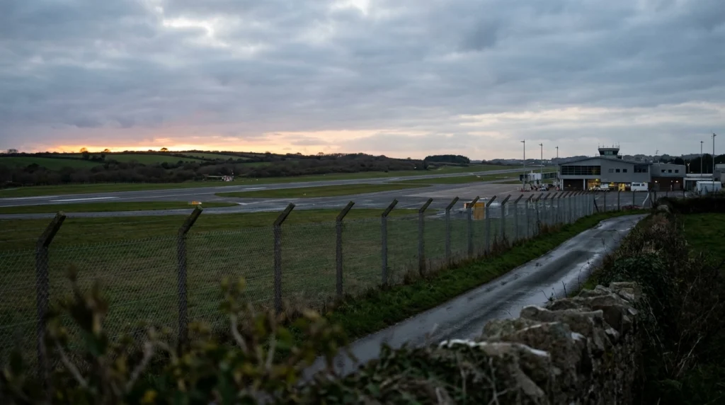 A wide-angle view of Jersey Airport's runway and terminal building at dusk, seen from outside the perimeter fence in St Peter