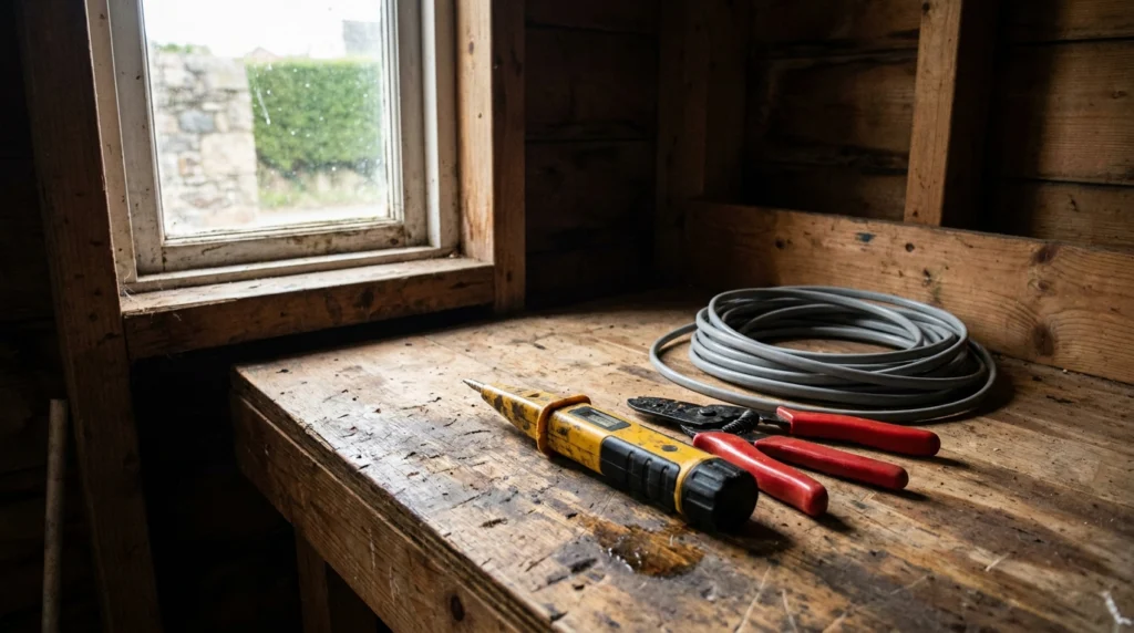 A set of electrical tools, including a voltage tester, wire strippers and a coil of cable, resting on a wooden workbench insi