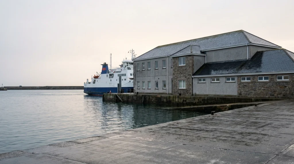 The exterior of Jersey's main harbour terminal at St Helier on a quiet autumn morning, seen from the quayside.