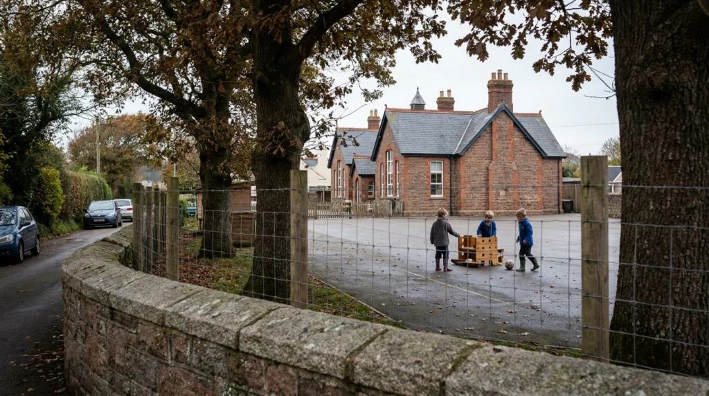 A quiet Jersey primary school playground in soft autumn morning light, seen from outside the low boundary fence.
