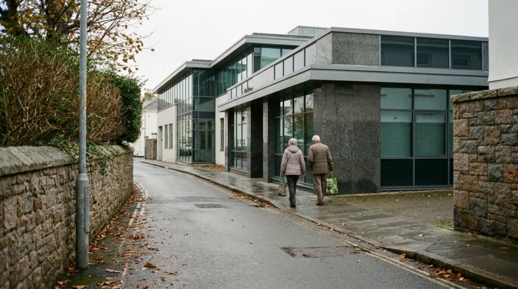A quiet street in Jersey's financial district, showing a modern low-rise office building with clean architectural lines on a