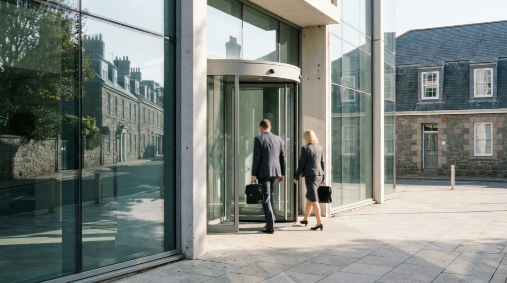 A modern glass-fronted office building in St Helier, Jersey, Channel Islands, photographed on a bright autumn morning.