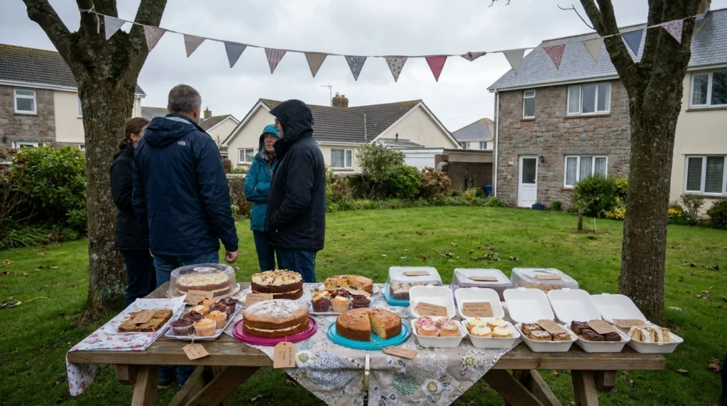 A spread of homemade cakes and baked goods arranged on a table outdoors in a Jersey residential estate, with a simple bunting