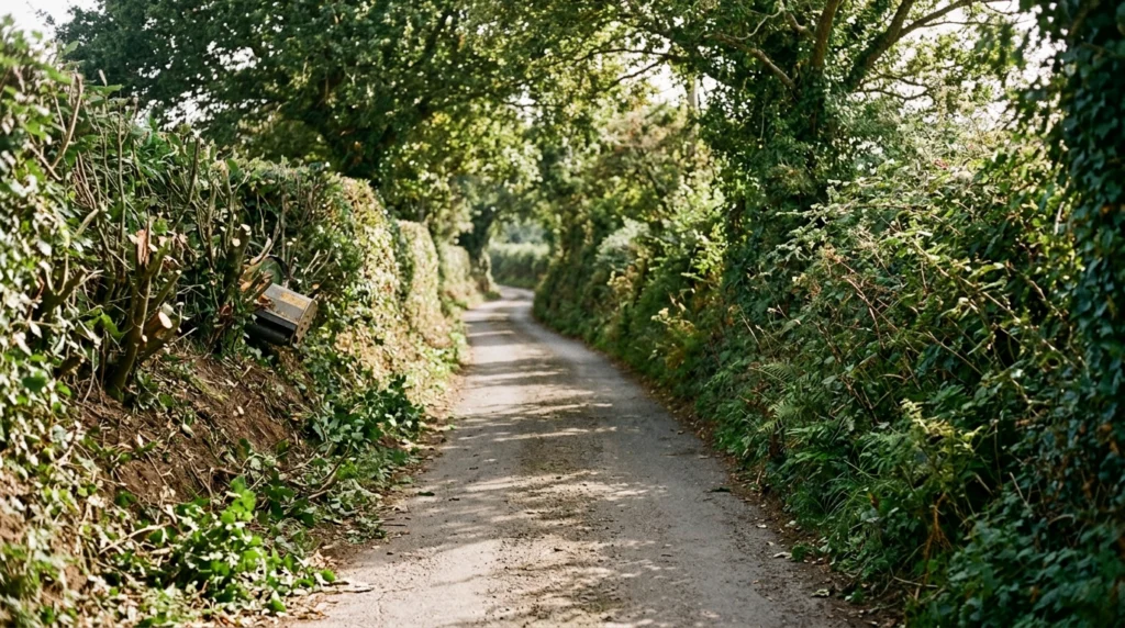 A narrow Jersey country lane in late summer, flanked by tall, dense hedgerows and earth banks with overhanging branches.