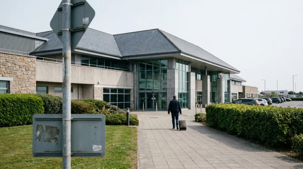 A wide-angle view of Jersey Airport's exterior terminal building on a clear day, seen from the approach road, with a single o