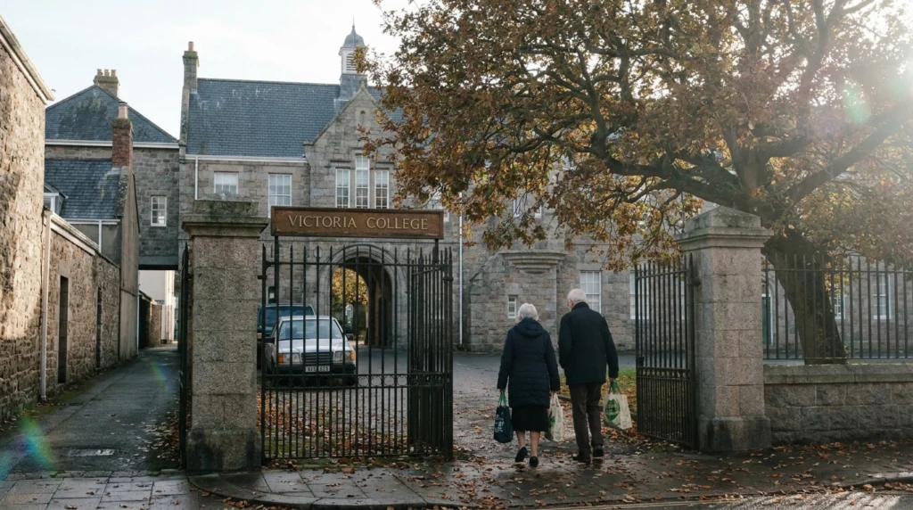 The main entrance to Victoria College in Jersey, a grand Victorian stone building with iron gates, on a bright autumn morning