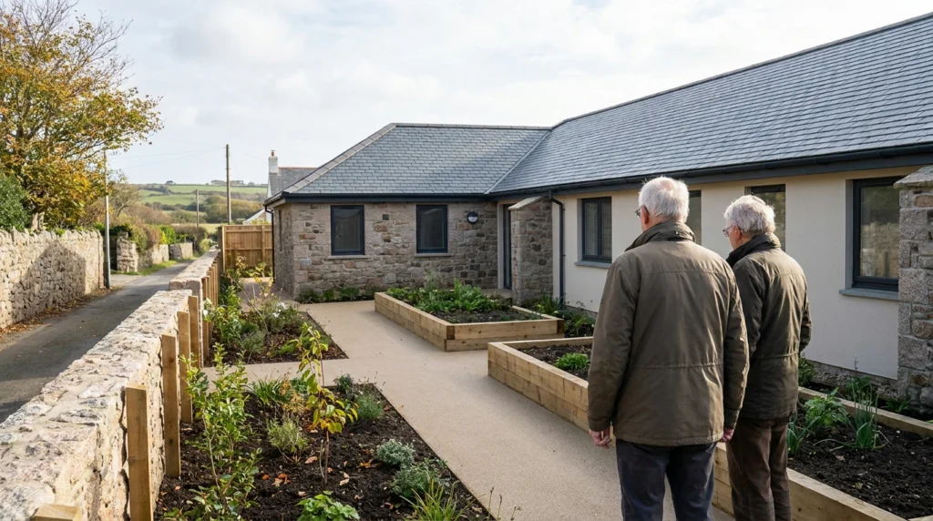 A neatly landscaped garden area beside a low modern care building in Jersey, with freshly painted white perimeter walls, newl