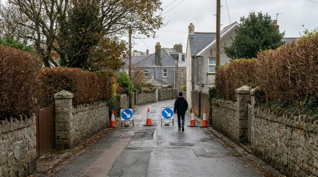 A quiet residential road in Jersey, Channel Islands, with temporary traffic diversion cones and signs arranged across the car