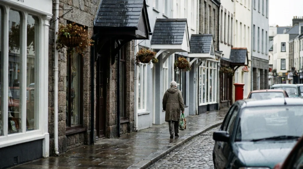 A quiet, well-kept Jersey high street on a grey autumn morning, with traditional shop frontages and hanging flower baskets, s