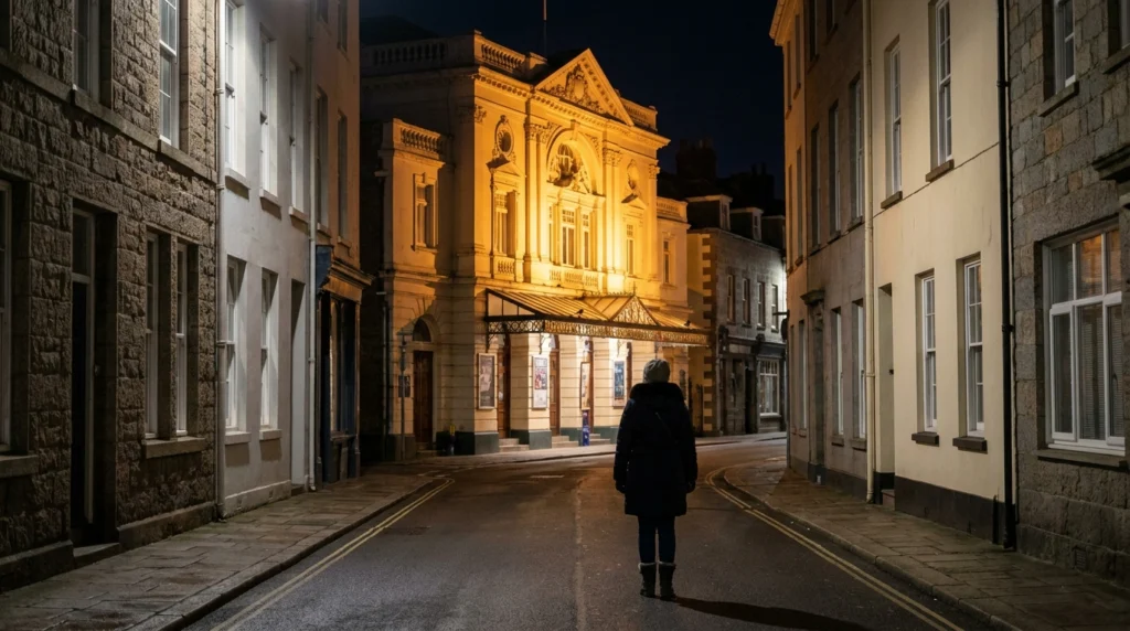 The exterior of the Jersey Opera House on a clear winter evening, its ornate Victorian facade lit warmly against a dark sky,