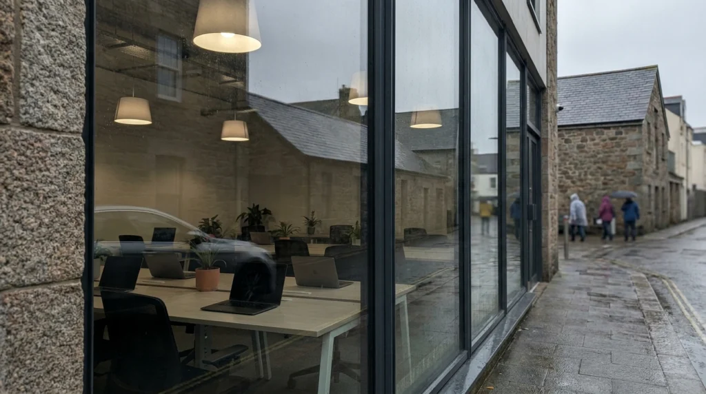 A quiet modern co-working space interior in Jersey, Channel Islands, seen through a large glass window from outside on a grey