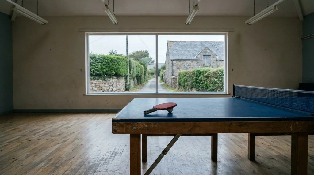 A table tennis table set up in a clean, well-lit sports hall in Jersey, with a single paddle and ball resting on the table su