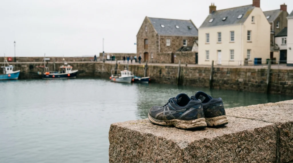 A pair of well-worn running shoes resting on a stone harbour wall in Jersey, with calm water and a typical Jersey coastal sce