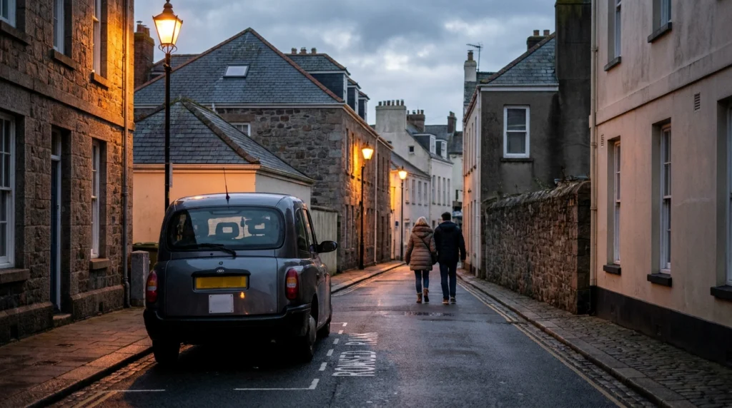 A quiet Jersey town street at dusk, with a single licensed taxi cab parked at a rank near a pavement.