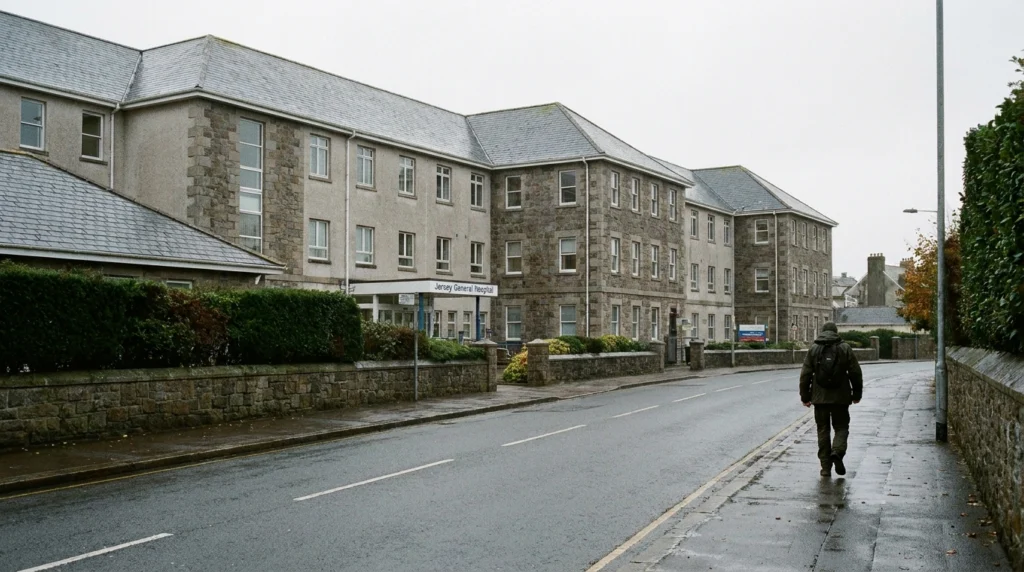 The exterior of Jersey's main hospital building on a grey autumn morning, seen from across a quiet road, with a single ordina
