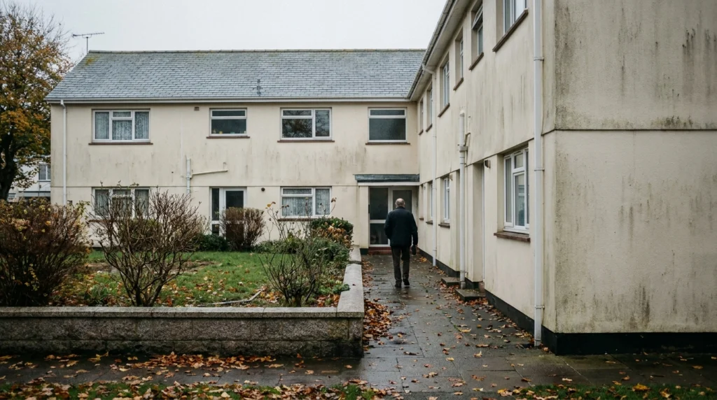 A quiet residential courtyard in St Helier, Jersey, showing a modest low-rise block of flats in pale render under an overcast