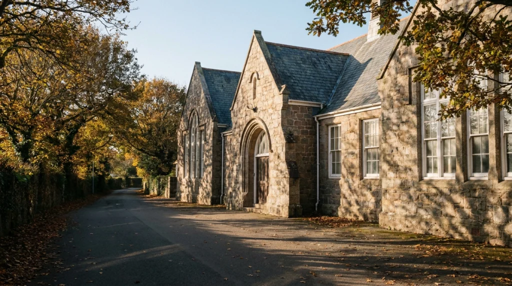The main entrance or front facade of a traditional stone school building in Jersey, Channel Islands, photographed on a bright